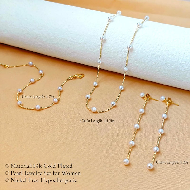 Zeffy Gold Pearl Necklace for Women, Dainty 14K Gold/Silve Plated Layered Pearl Choker Pearl Earrings Pearl Bracelets Wedding Trendy Gold Jewelry Set for Women Gifts - Image 3
